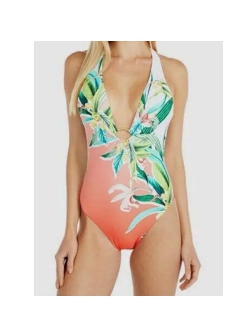 Trina Turk Tropical Ring-Front One-Piece in Orange, White & Green